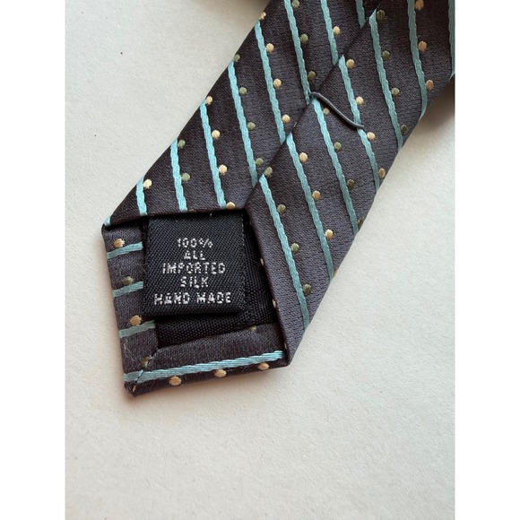 Claiborne Men's Necktie Silk Black Teal Gold Striped Polka Dot Handmade - Picture 3 of 4